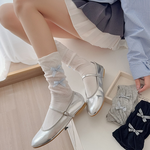 Korean Instagram grid small bow ribbon solid color lace mid-calf puffy socks for girls cute Lolita socks