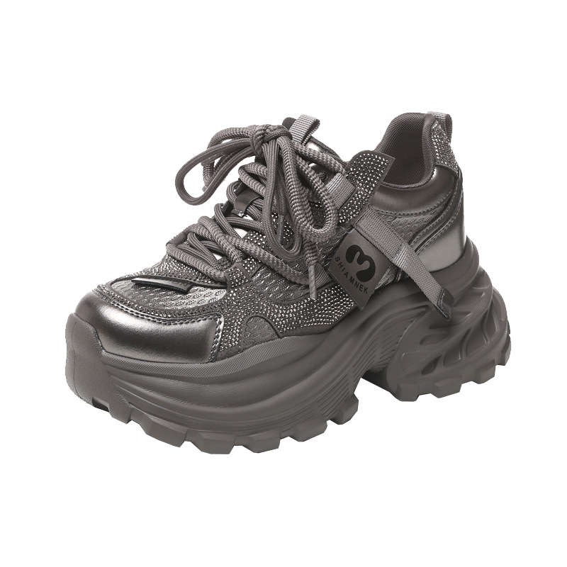 Giày sneaker nữ đế dày tăng chiều cao đính đá pha lê phong cách thể thao — màu đen