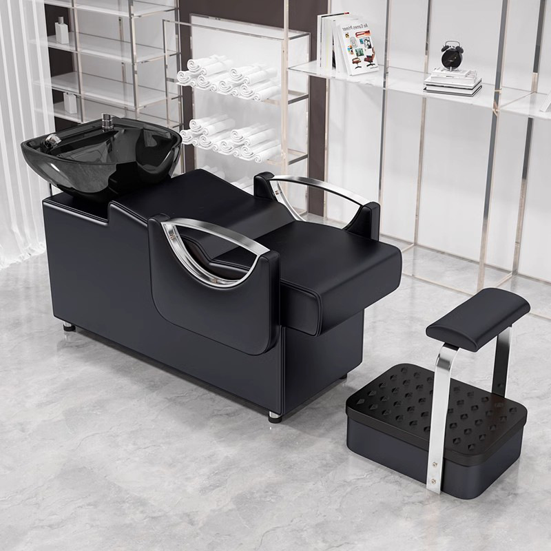 Peluquería Cama de champú Peluquería Masaje especial Terapia de cabeza Lavabo de cerámica Brazalanos de acero inoxidable Cama de champú de peluquería semi-reclinada