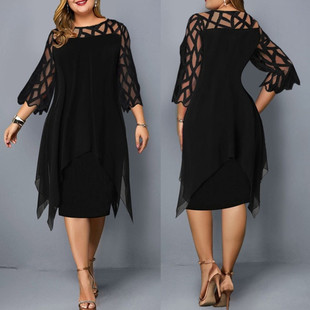 Ebay Amazon Aliexpress European and American Lace Splicing Three-Quarter Sleeve Asymmetrical Hem Chiffon Dress in Stock