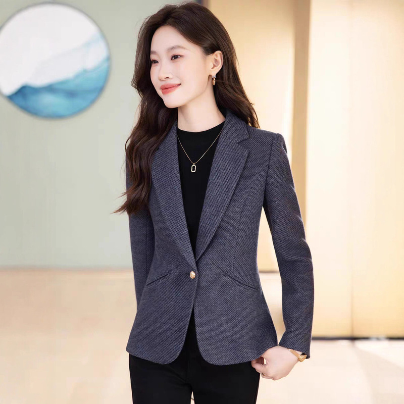 Brown Short Woolen Suit Jacket for Women 2025 New Winter Thickeneded High-End Elegant Slim Suit Top