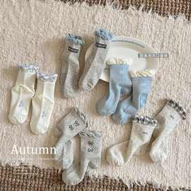 儿童袜子韩系ins女童中筒蝴蝶结甜美蓝灰色花边百搭宝宝公主棉袜