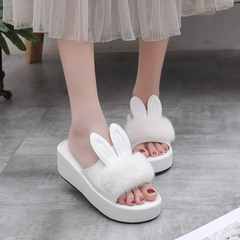 かわいいウサギの耳スリッパ女性のフラット夏の新しいウェッジサンダルスリッパ滑りやすい厚底ハイヒールスリッパ|undefined