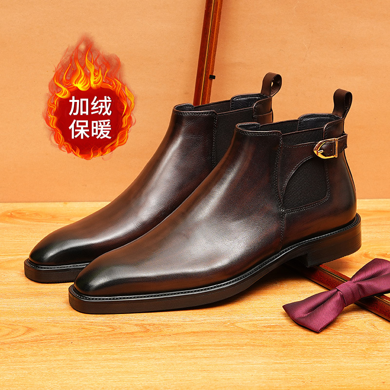 【足】冬季高帮皮鞋男真皮加绒保暖英伦擦色尖头马丁靴复古潮流靴