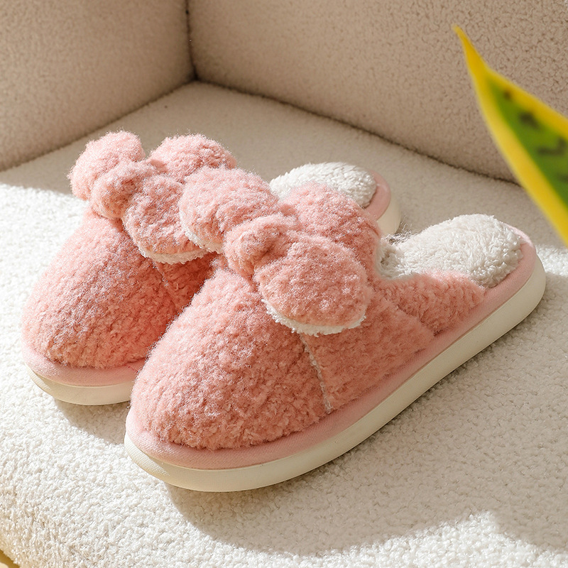 Zapatillas de algodón de otoño e invierno para mujer con nudo de lazo, zapatillas peludas para el hogar, zapatillas de algodón cálidas de felpa antideslizantes gruesas para mujer
