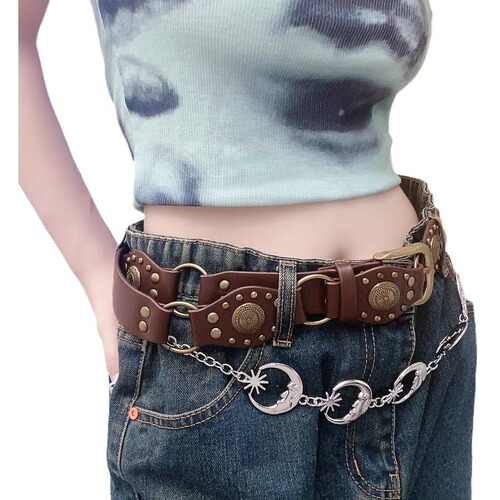 American western denim buckle leather belt female personality street hottie retro design fashion hollow belt