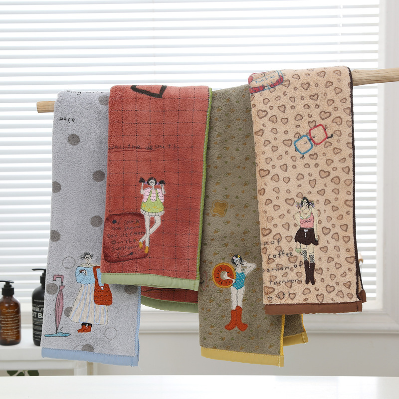 New Style Time-Travel Girl Coral Fleece Printed Towel with Embroidery, Absorbent and Durable, Cute and Creative Bath Towel for Home Use