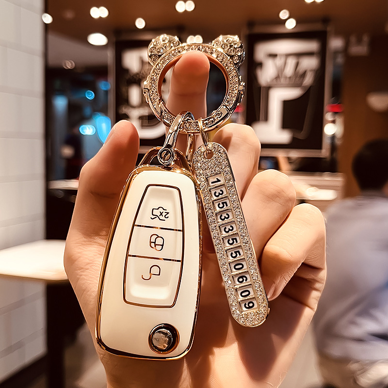 포드 C-접이식 3 키 [싱글 쉘 화이트] + 황금 우주 비행사 드릴 버클 + 황금 번호판