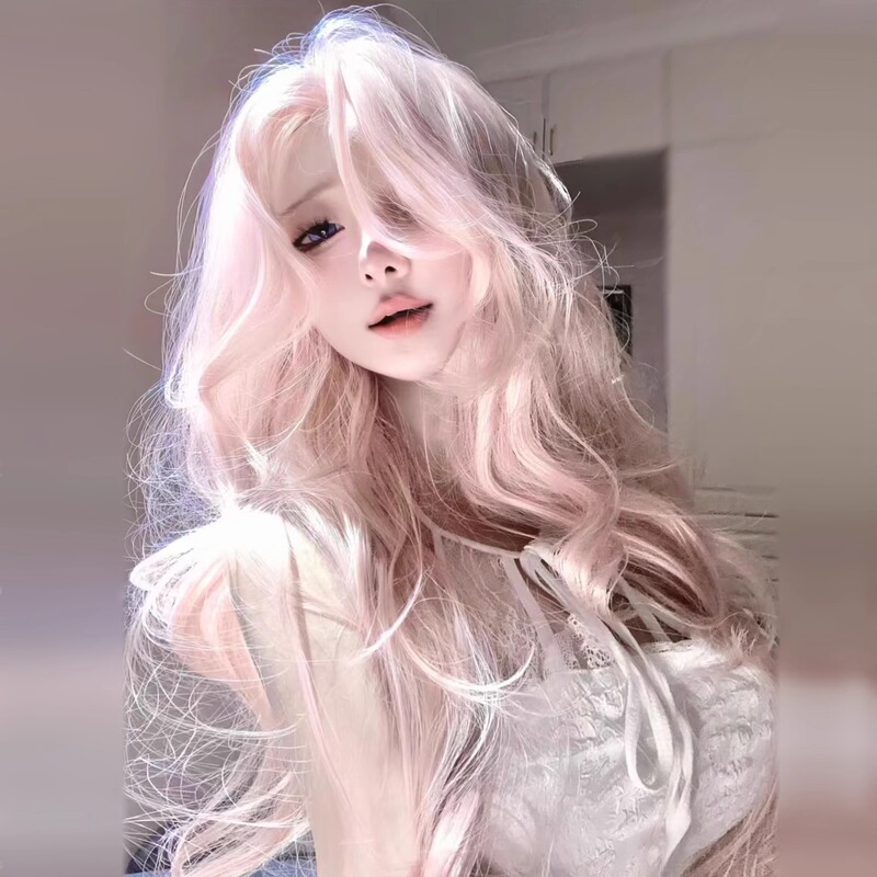 Pink Wig with Big Wavy Long Curly Hair Front Lace Full Head Cover for Women Lolita Daily Cos Pink Wig with Big Wavy Long Curly Hair Front Lace Full Head Cover for Women Lolita Daily Cos