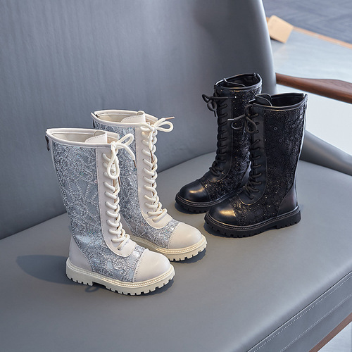 Girls' single boots 2024 autumn and winter new children's sequined princess high boots Korean style girls' fashion non-slip boots