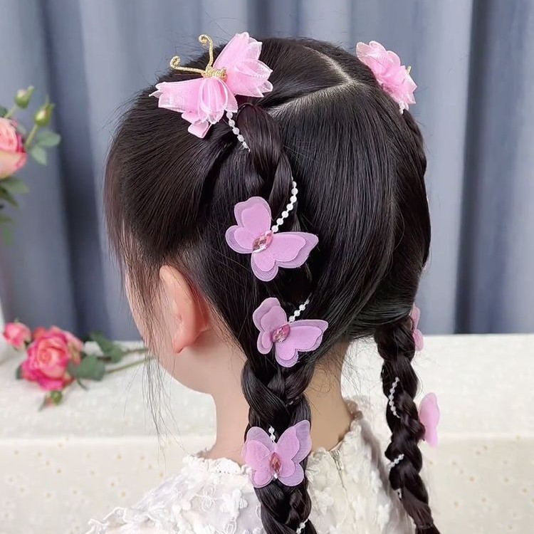 小さな女の子の新しいレトロな子供用バタフライクリップパールチェーン編み込みヘアピンプリンセス妖精ヘッドフラワーヘアバンドヘッドドレス|undefined