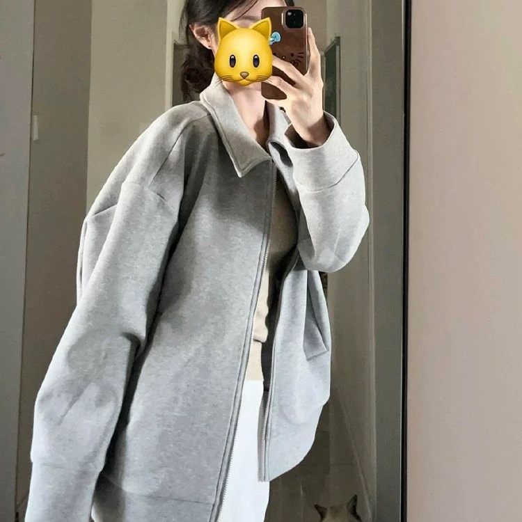 灰色立领开衫卫衣加厚拉链外套女秋冬重磅韩版宽松显瘦落肩袖上衣