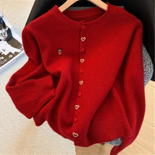 法式氛围感圣诞节圆领针织开衫毛衣女秋冬新款温柔风气质百搭外套