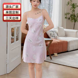 严选性感浪漫家居服春夏高级感冰丝吊带睡衣卡牌印花新款纯欲睡裙