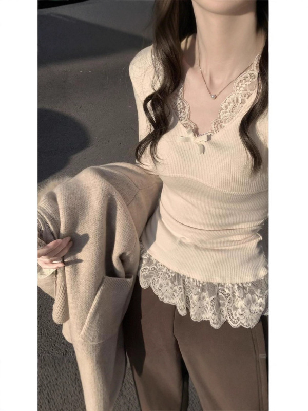 甜辣妹纯欲蕾丝边长袖恤女早秋内搭打底衫修身绝美上衣其他|undefined
