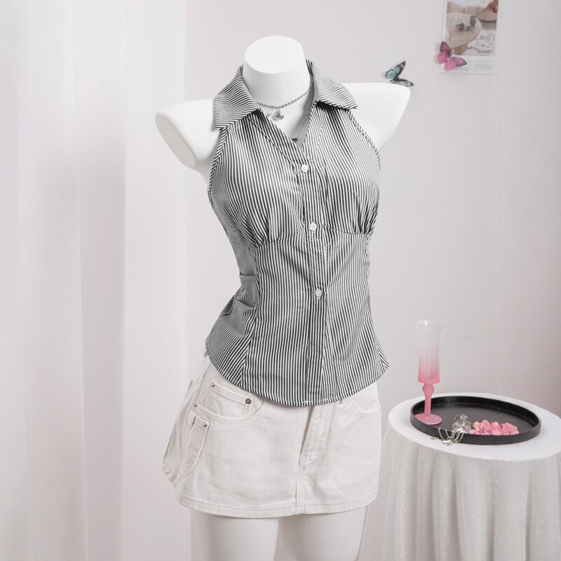 Zt6637 Summer New Sleeveless Stripesd Shirt Women's Fashion V Neck Single-Breasted Top Korean Style Slim Shirt