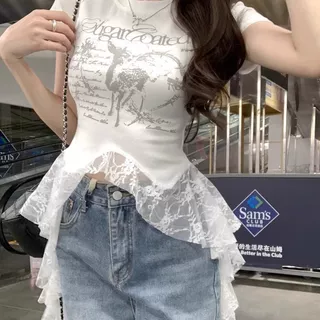 法式辣妹风蕾丝拼接短袖T恤女2025夏季新款修身字母印花外穿上衣