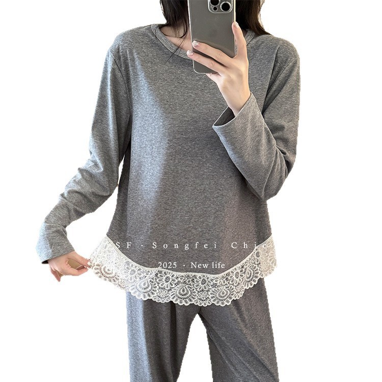蕾丝圆领磨毛睡衣套装秋冬新款可外穿亲肤宽松柔软家居服两件套女|undefined