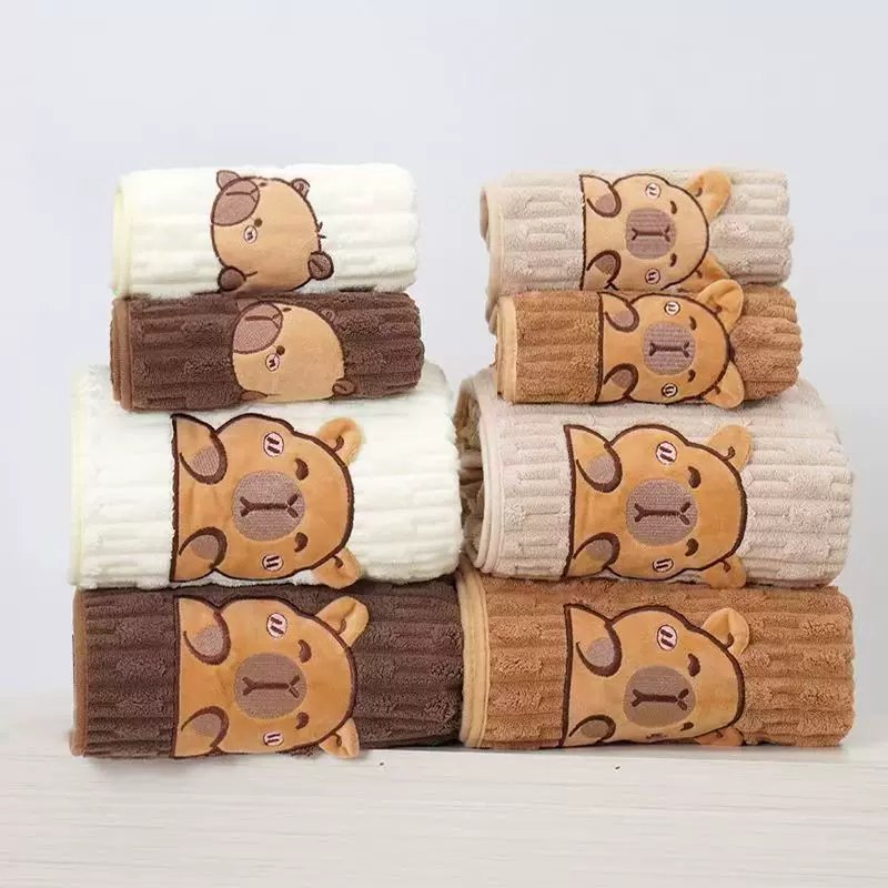 可爱卡皮巴拉毛巾家用珊瑚绒吸水洗脸毛巾儿童柔软卡通洗澡浴巾