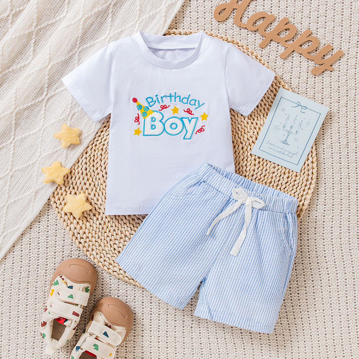 Summer New Boys' Birthday Short-Sleeved T-Shirt Stripesd Shorts Two-Piece Set Boys' Fashion Family Family Wear