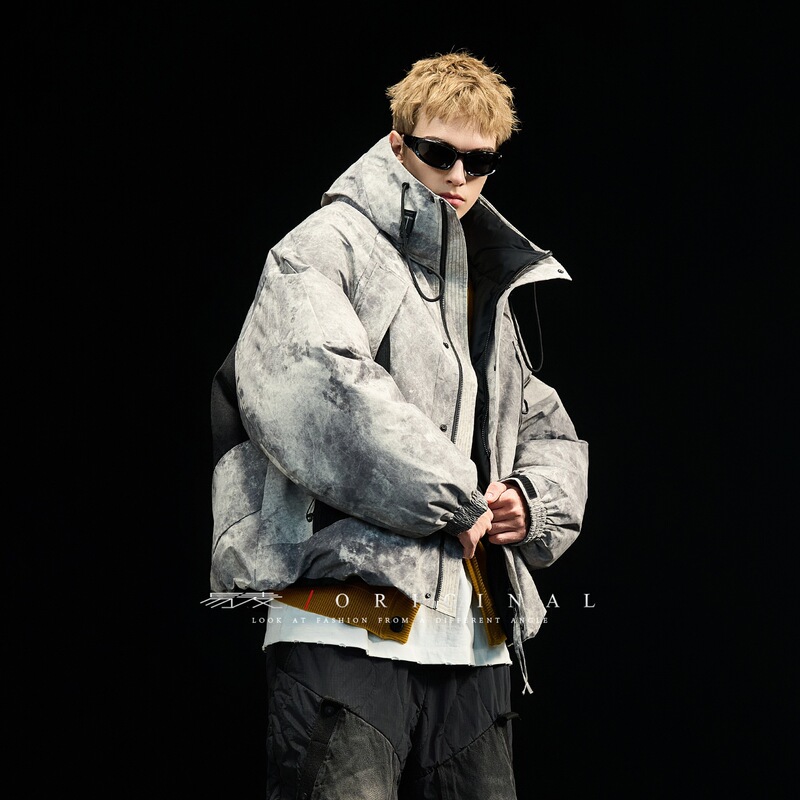 Yimai Trendy Brand Hooded down Jacket 2025 Winter New Thickened Fleece Versatile Loose Coat with Distressed Tie-Dye
