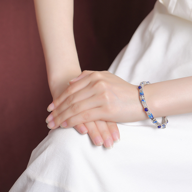 Vòng tay bạc S925 mạ vàng hạt Lapis lazuli phong cách cổ điển họa tiết tre lá rỗng — Các mặt có thể được mở (khoảng 21.5 gram)