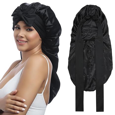 Amazon's Best-Selling Long Satin Sleep Cap, Adjustable Hair Care Cap, Bow-Tie Long Strap Pullover Cap