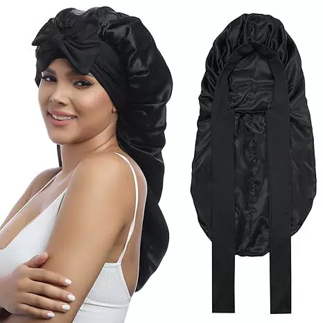 Amazon's Best-Selling Long Satin Sleep Cap, Adjustable Hair Care Cap, Bow-Tie Long Strap Pullover Cap