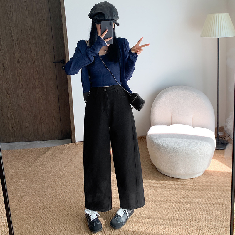 ホワイトの九分丈ウォッシュドコットンワイドレッグジーンズ、女性用、春・秋の新作、小柄な方向け、ゆったりとしたスリムなストレートパンツ|undefined