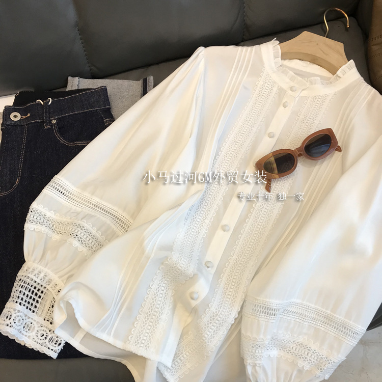 Super fairy ~ French court style! Heavy-Duty White Witch Empty Lace Front Pleated Tencel Cotton Wood Ear Collar Shirt Female Spring