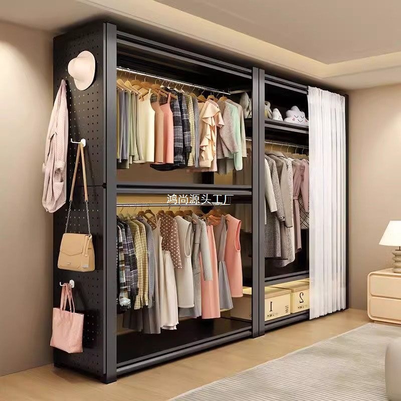 洋服ラック、床置き寝室収納ラック、コートラック、ウォークインクローゼット、シンプルなスチールラック組み合わせオープンワードローブ|undefined