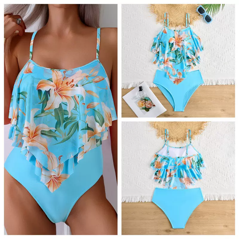 泳衣女印花高腰坦基尼tankini泳装露肩荷叶边分体比基尼运动款