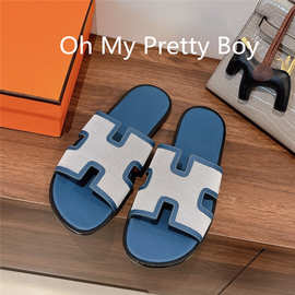 颜值！即将下架 帆布配蓝色牛皮 男士拖鞋真皮户外男外穿夏沙滩