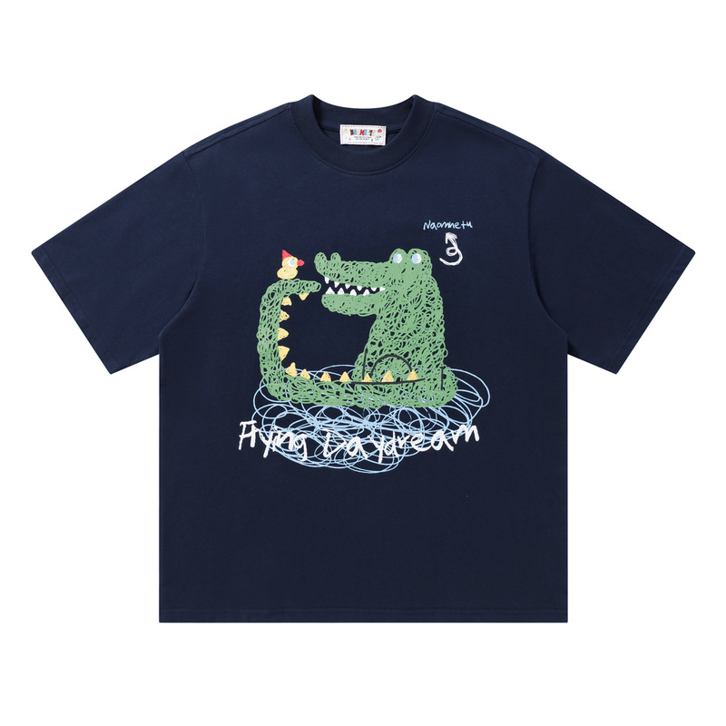 American Retro Style Hand-Painted Crocodile Print Short-Sleeved T-Shirt, Summer Loose-Fitting Half-Sleeve, Casual and Versatile for Both Men and Women American Retro Style Hand-Painted Crocodile Print Short-Sleeved T-Shirt, Summer Loose-Fitting Half-Sleeve, Casual and Versatile for Both Men and Women