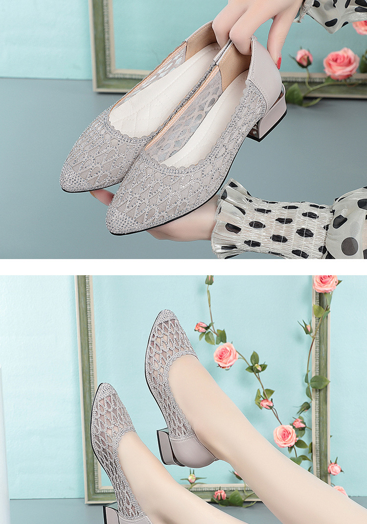 Sandal nữ quai chữ V gót dày đế mềm lưới thoáng khí — Tro gạo chi tiết 11