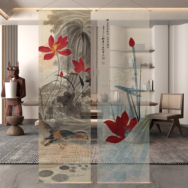 Translucent Gauze Curtain Lotus Feng Shui Screen Chinese-Style Roller Blinds Partition Curtain Hanging Curtain Ink Curtain Light-Transmitting Gauze