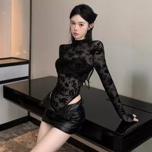 半高领性感辣妹风微透连体衣T恤女春秋植绒网纱显瘦弹力长袖上衣