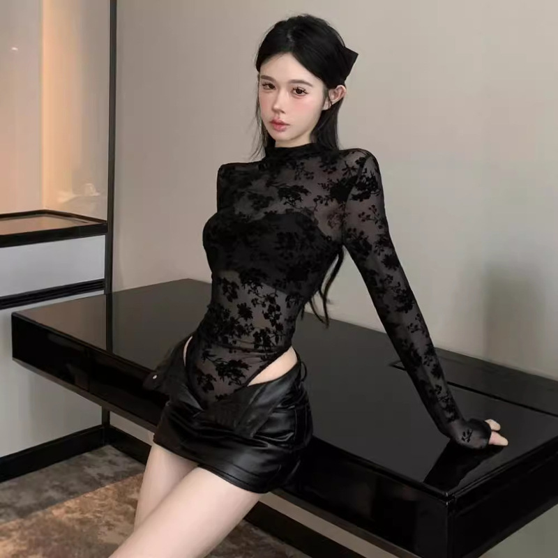 Semi-high Collar Sexy Spice Girl Style Micro-transparent Jumpsuit T-shirt Women's Spring and Autumn Flocking Mesh Slimming Stretch Long Sleeve Top