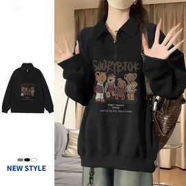 美系秋冬季丝棉半拉链卫衣女学生宽松潮流长袖加绒加厚polo领卫衣