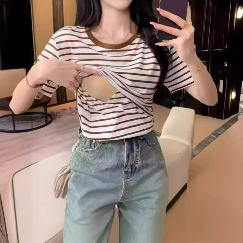 Pure Cotton Sweat-Absorbent Nursing T-Shirt Stripesd Summer Postpartum Hot Mom Confinement Period Soft and Comfortable Nursing Clothing Top Breathable
