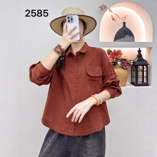 棉纱长袖衬衫女2025文艺复古简约翻领单排扣双层纱口袋休闲上衣
