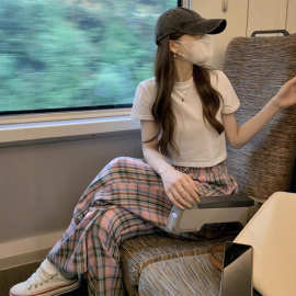 运动服套装女夏季韩版宽松时尚网红短袖格子长裤休闲两件套