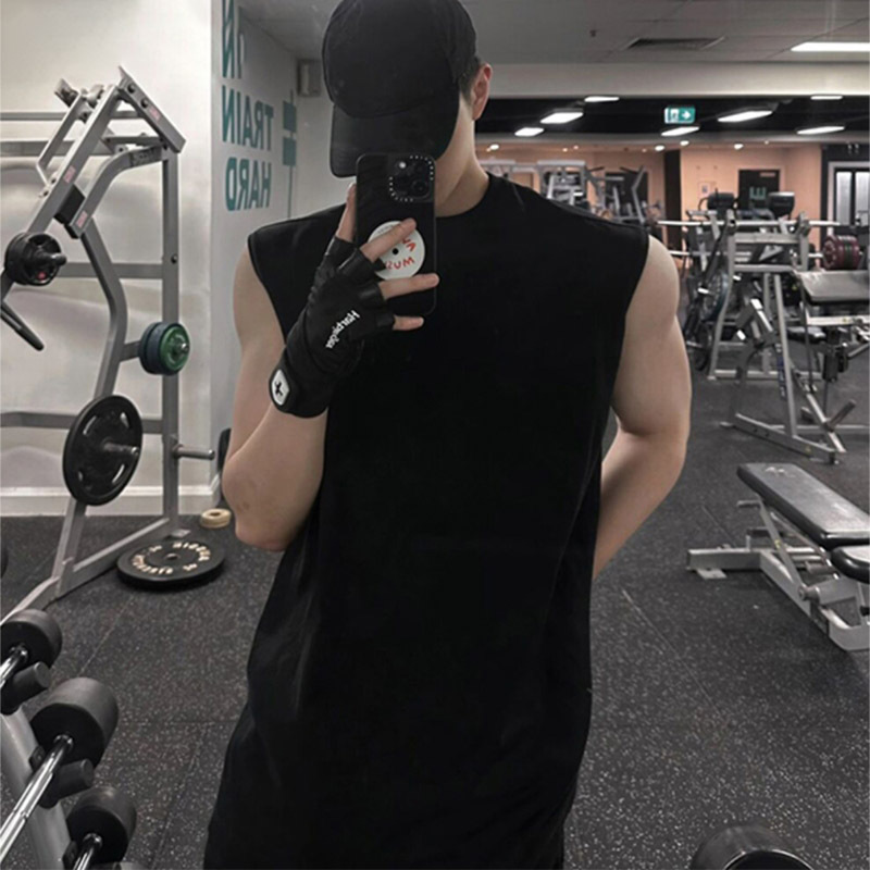 Heavy Weight Cotton American Waistcoat Sleeveless T-Shirt Vest Men's Summer Fitness Sports Round Neck Loose Short-Sleeved Top