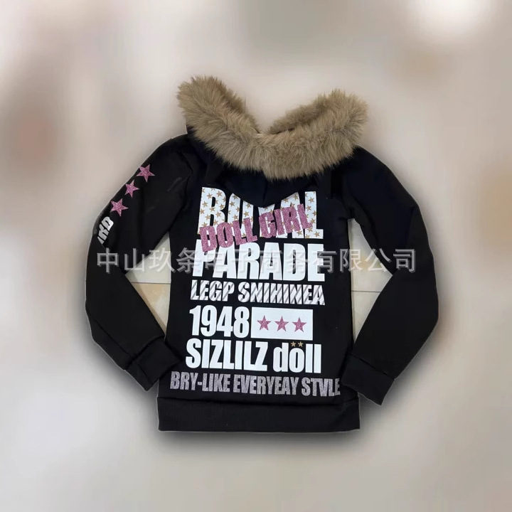 美式Y2k修身毛领拉链卫衣秋季字母图案印花服装欧美跨境批发服装|undefined