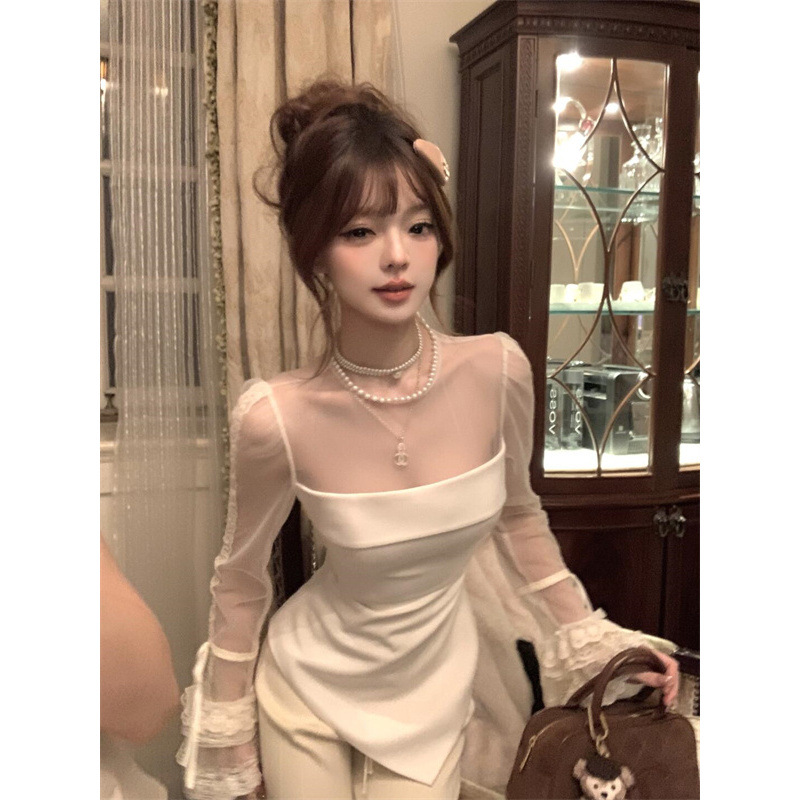 [6021 people's collection] rich family daughter feeling lace mesh stitching design t-shirt spring new pure wind