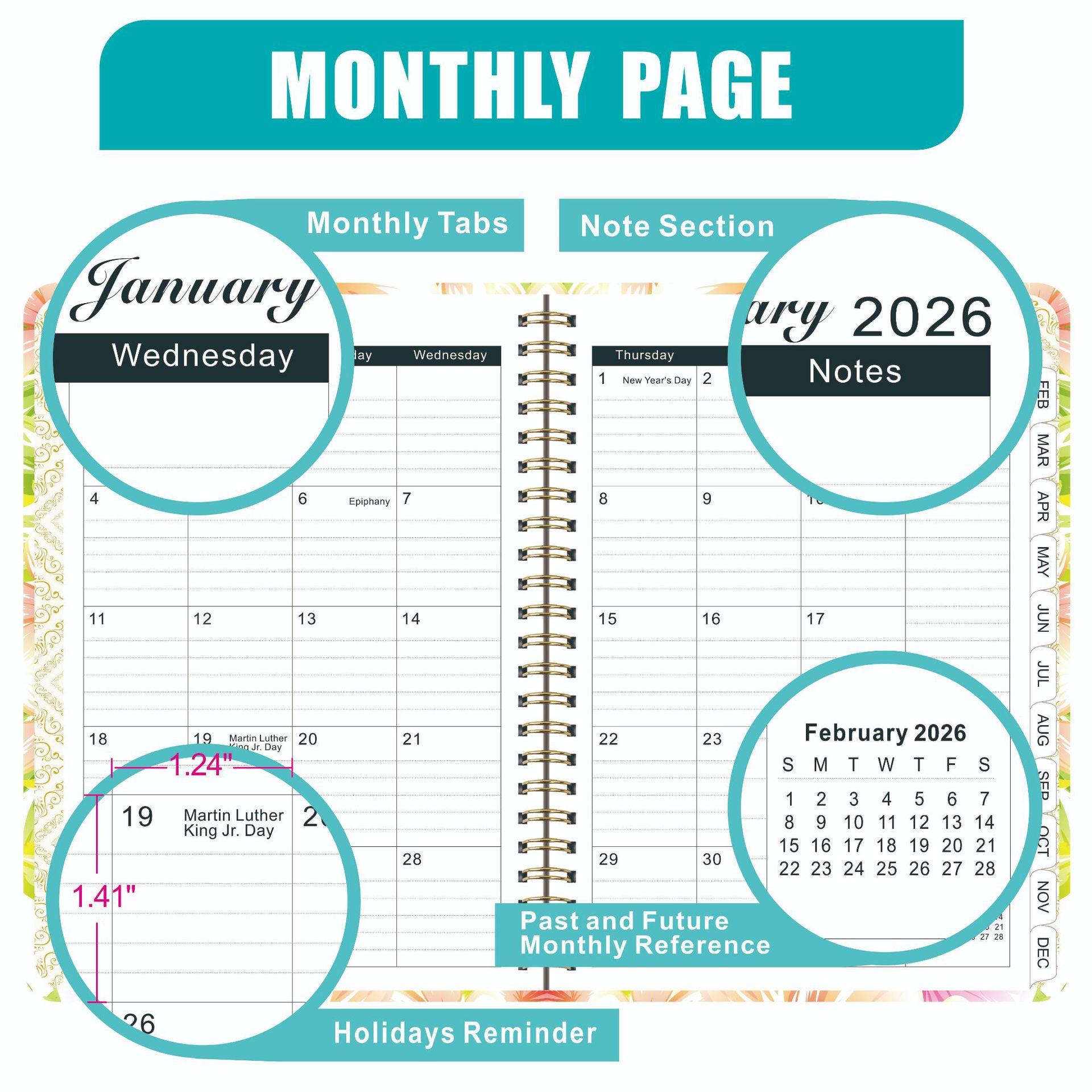 Agenda A5 transfronteriza de 26 años con páginas separadas para planificación de trabajo, registro de entrada, cuaderno de espiral en inglés.