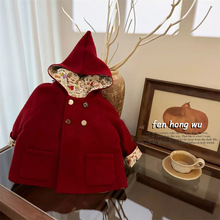 【粉红屋】童话小精灵！儿童双面呢圣诞新年红尖尖帽秋冬呢子外套