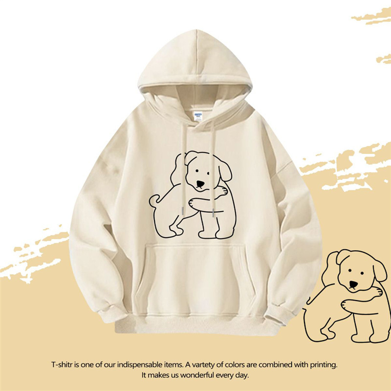 Silver Fox Velvet American Trendy Brand Simple Puppy Printed Hooded Sweatshirt for Men and Women Autumn and Winter ins Loose Versatile Jacket