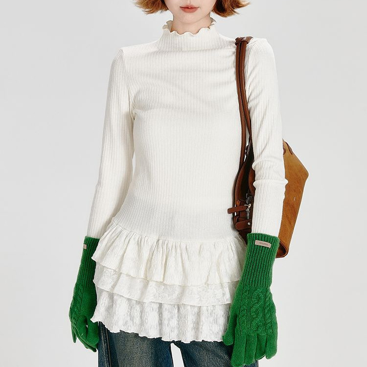 Beautiful and Super Nice Half Turtleneck Long-Sleeved T-Shirt for Women in Autumn and Winter New Multi-Layered Lace Layered Slim-Fitting Inner Layering Shirt