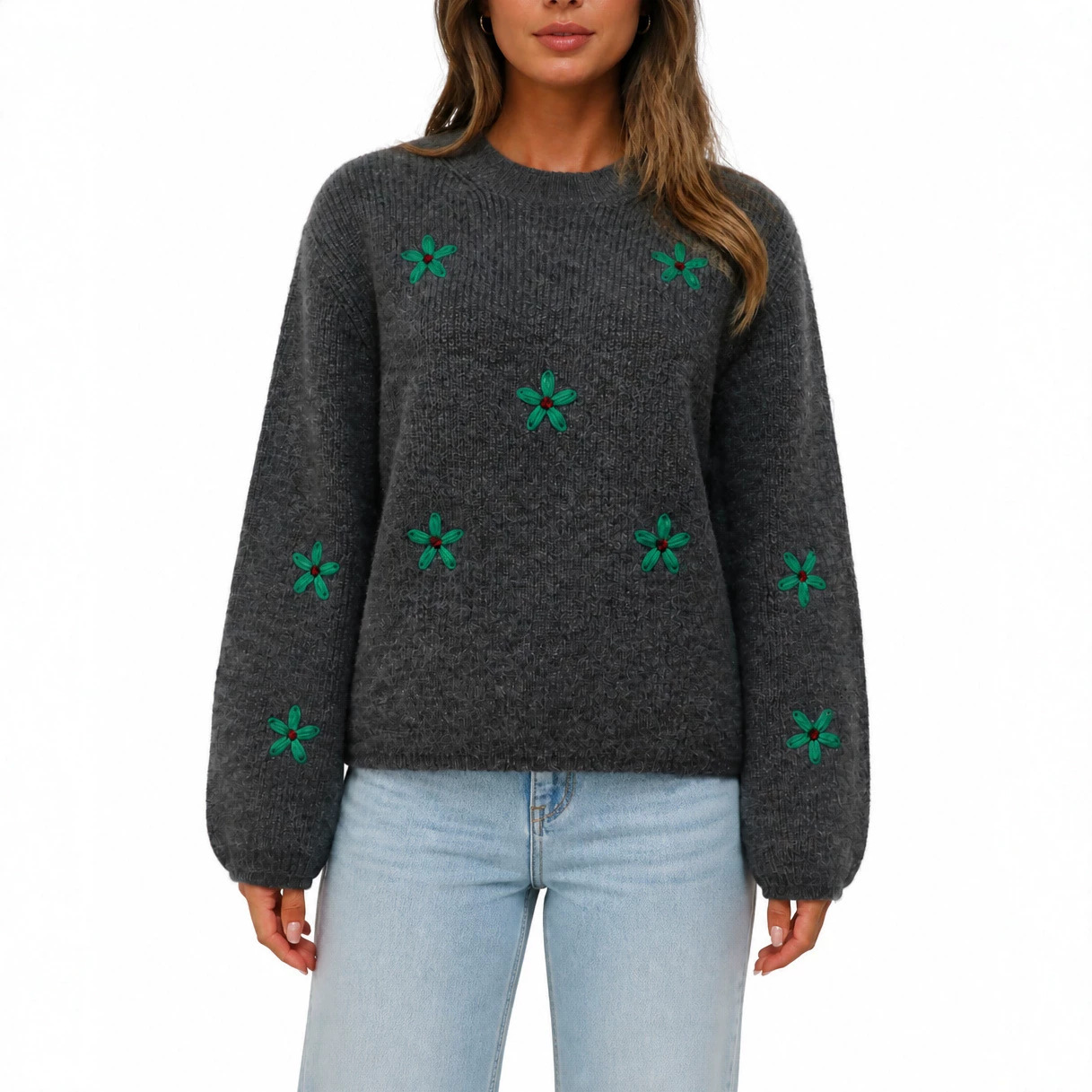 European and American retro green flower embroidered round neck sweater for women autumn and winter lazy style loose pullover sweater cross-border